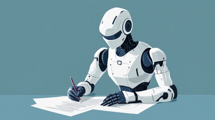 Poster - Illustration of a robot diligently writing a business marketing plan on paper, highlighting strategic capabilities. No people, office concept.