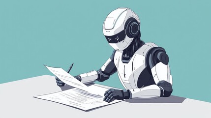 Poster - Illustration of a robot preparing a detailed marketing plan on paper, showing AI's involvement in business planning. No people, minimalist desk.