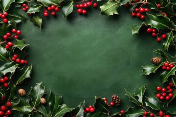 Flat lay made of common holly leaves and fresh fruit berries on green background. Holly branches.Christmas, winter, new year concept. Flat lay, top view, copy space with generative ai