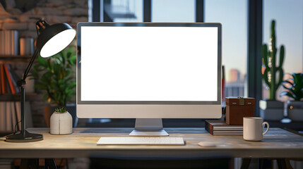 Poster - Workspace desk with pc and blank screen desktop computer in minimal office room with decorations and copy space. Mock up for advertisement,text,logo and other