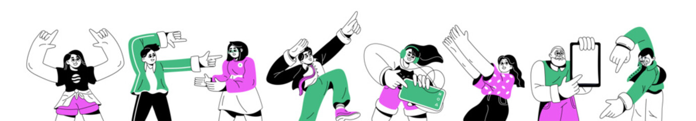 Poster - people advertising line art set. different characters pointing with fingers up, down, side. men, wom