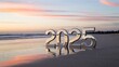 © Deedyy - An elegant 3D text design of 2025 in polished gold, placed on a serene beach at dawn