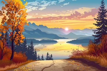 Wall Mural - Autumn Sunset Over Mountain Lake Landscape