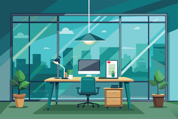 Poster - A modern workspace features a computer desk, plants, and a panoramic city view through glass walls, a computer desk sitting inside of a glass walled office