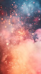 Fototapete - Colorful burst of fireworks against a bokeh background in the night sky. Ideal for festive New Year's Eve or Christmas celebrations.