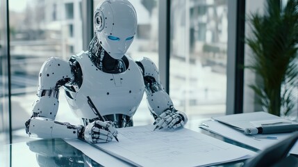 Poster - Robotic figure drafting a marketing plan on paper in a sleek, modern office environment, highlighting AI-driven business. No people, clean setup.