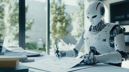Poster - Robotic figure drafting a marketing plan on paper in a sleek, modern office environment, highlighting AI-driven business. No people, clean setup.