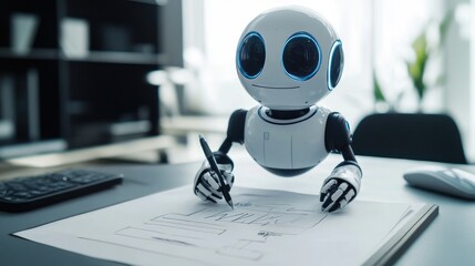 Poster - Robotic figure drafting a marketing plan on paper in a sleek, modern office environment, highlighting AI-driven business. No people, clean setup.