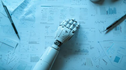Poster - Robotic hand drafting a marketing plan on paper, with notes and graphs visible on the desk. No people, business strategy concept.