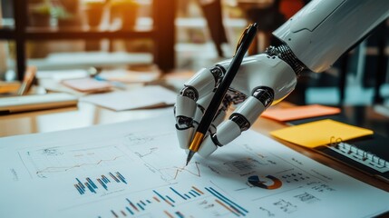 Poster - Robotic hand drafting a marketing plan on paper, with notes and graphs visible on the desk. No people, business strategy concept.