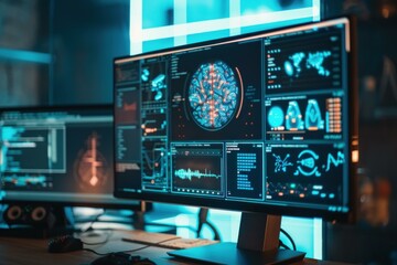 Poster - Computer screen displaying a futuristic brain scan interface with graphs and data analysis in a modern laboratory