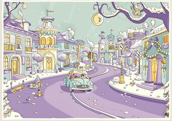 Canvas Print - Winter Wonderland Town Illustration with Cartoon Style