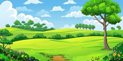 Green Meadow Landscape with Rolling Hills and Trees