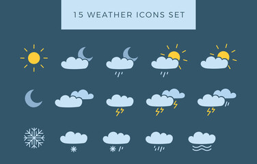 weather icons set, collection. weather forecast icon set. all seasons weather icon isolated blue bac