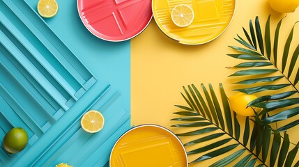 Wall Mural - Summer Fruit Minimalist Flat Lay Photography with Palm Leaves and Plates