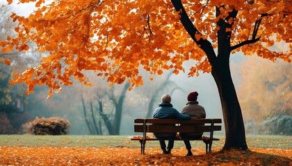 Couple sitting on a bench beneath a tree with vibrant orange autumn leaves, savoring a picturesque view.