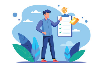 Poster - A man reviews a checklist while surrounded by greenery and a clear blue sky, A man holds a list. Flat design modern illustration
