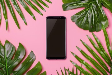 Canvas Print - Black Smartphone With Tropical Leaves On Pink Background