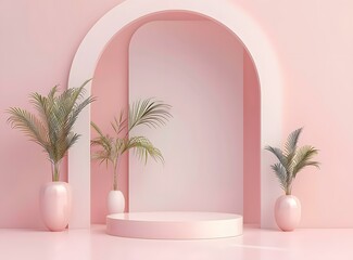 Canvas Print - Pink Minimalist Product Display with Arch and Palm Trees