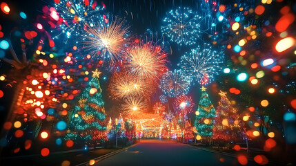 Canvas Print - A vibrant celebration of lights and fireworks showcasing holiday symbols in an enchanting display of colors and shapes