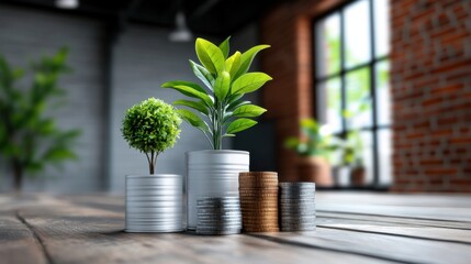 Wall Mural - Green Plants and Coins in Business Workspace