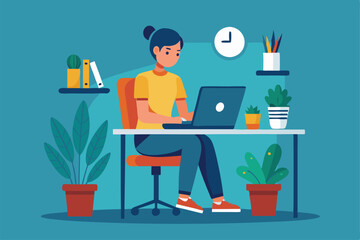 Poster - A focused individual sits at a desk, using a laptop in a vibrant workspace filled with plants, a person sitting at a desk with a laptop
