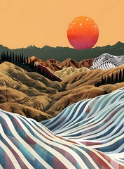 Wall Mural - Abstract Landscape With Sunset and Mountains