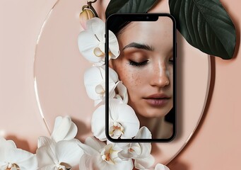 Canvas Print - Beautiful Woman With Flowers On Her Face In Smartphone Screen