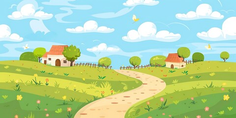 Wall Mural - Cartoon Illustration of a Winding Road Through a Lush Green Meadow with Two Small Houses