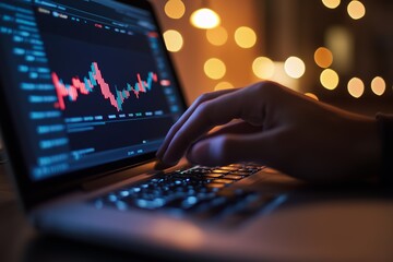 Poster - person engaging in financial analysis on a laptop with market data displayed, amidst soft, blurred l