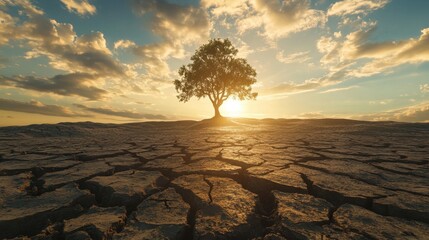 Wall Mural - Lone Tree on Dry Cracked Earth at Sunset