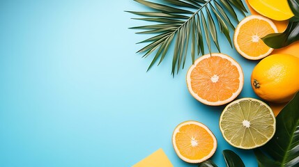 Wall Mural - Summer Fruit Background with Palm Leaves and Oranges on a Blue Background