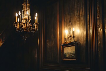 Sticker - Antique Chandelier and Wall Sconces in a Dark Room