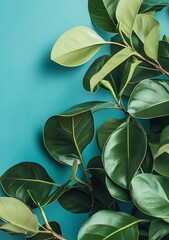 Wall Mural - Green Leaves on Turquoise Background