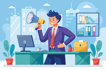 Poster - A professional confidently holds a megaphone while leading a discussion in a bright office, Assertive professional using a megaphone in a modern office