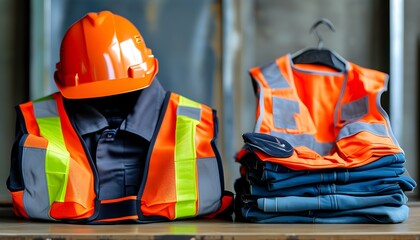 Wall Mural - Stacked work uniform featuring protective orange helmet and vest