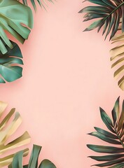 Wall Mural - Pink Background with Tropical Leaves