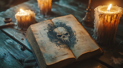 A book with a skull on the cover is open on a table with candles