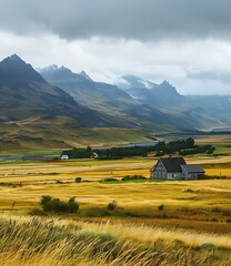 Poster - Scenic View of House in Valley with Mountain Range in Background