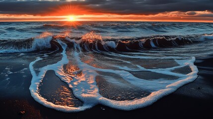 Wall Mural - Gentle waves of a dark blue sea lap against the black sand, creating a striking contrast under the setting sun.