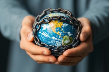 Hands holding a globe chained, symbolizing environmental protection and societal responsibility.