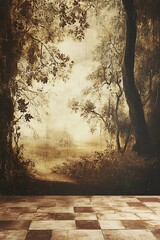 Wall Mural - Vintage Style Forest Painting With Tiled Floor