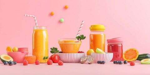 Wall Mural - Colorful fruit drinks and snacks displayed on a vibrant pink background. Each jar and bowl showcases fresh ingredients, reflecting a playful and healthy lifestyle. 