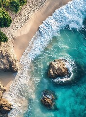 Poster - Aerial View of Ocean Waves Crashing on a Sandy Beach