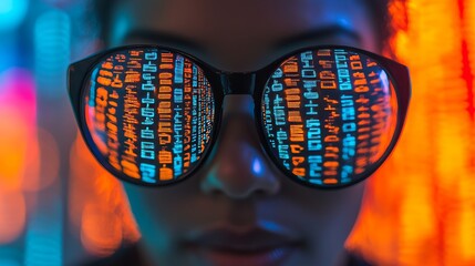 Close-Up Portrait of a Young Woman with Code Reflection in Glasses, Futuristic Technology Concept.