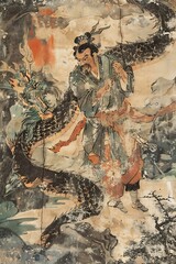 Ancient Chinese Painting of Man Fighting Dragon