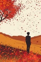 Canvas Print - Autumn Leaves Falling Man Silhouette Landscape Illustration