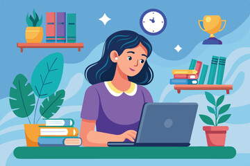 Poster - a woman uses her laptop for online classes in a cozy study filled with books and plants, a woman usi