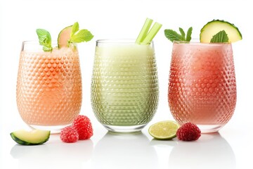 Wall Mural - Three Refreshing Fruit Smoothies in Elegant Textured Glasses, Isolated on White Background.