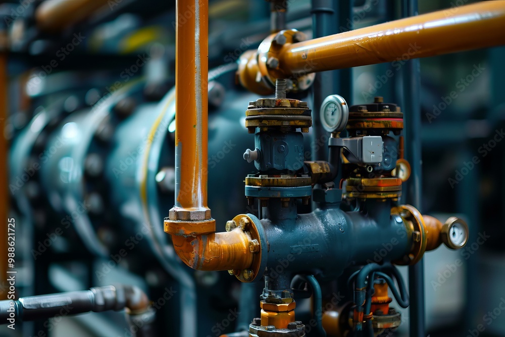 Complex network of copper pipes and valves regulating the flow of ...